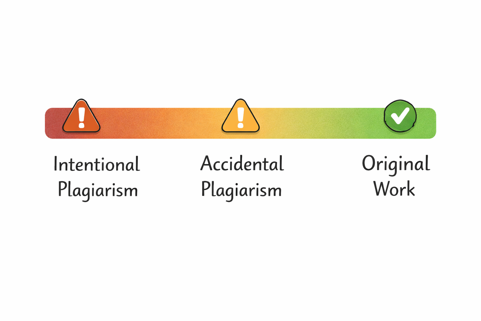 A gradient bar visually representing the range from dark red (Intentional Plagiarism) to light orange (Accidental Plagiarism) to bright green (Original Work). Each section has clear text labels and relevant icons.
